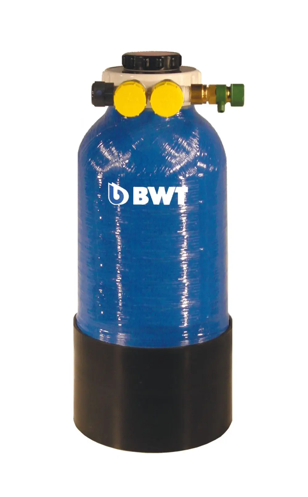 BWT Heizungsbefüllanlage in blauer Farbe, zylindrische Form mit zwei gelben Anschlüssen und einem oberen Gewinde, montiert auf schwarzem Sockel.